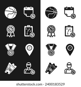 Set Planning strategy, Basketball award, on sport calendar, medal, Location with basketball, player and game ticket icon. Vector