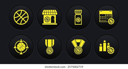 Set Planning strategy, Basketball on sport calendar, medal, game ticket, Sports shop and basketball, winner podium and  icon. Vector