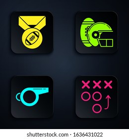 Set Planning strategy concept, American Football ball with medal, Whistle and American Football ball and helmet. Black square button. Vector