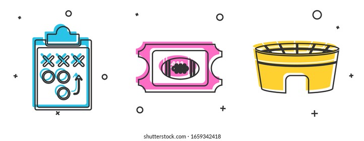 Set Planning strategy concept, American Football ticket and Football stadium icon. Vector