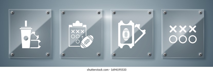 Concepto de estrategia de planificación, boleto de fútbol americano, concepto de estrategia de planificación y boleto de fútbol americano y refrescos de vidrio de papel con paja para beber. Paneles de vidrio cuadrado. Vector