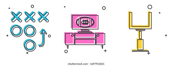 Set Planning strategy concept, American football on tv program and stand and American football goal post icon. Vector