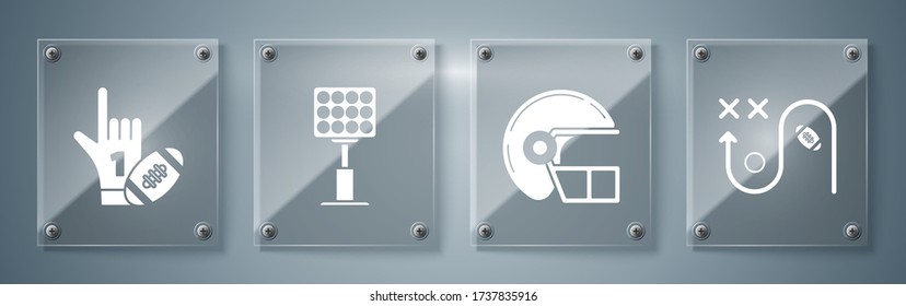 Set Planning strategy concept, American football helmet, Bright stadium lights and Number 1 one fan hand glove with finger raised and american football ball. Square glass panels. Vector