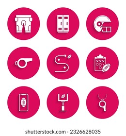 Set Planning strategy concept, American football goal post and football ball, Whistle, Smartphone with american the screen, helmet and shorts icon. Vector
