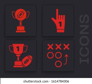 Set Planning strategy concept, Award cup and American football ball, Number 1 one fan hand glove with finger raised and Award cup and American football ball icon. Vector