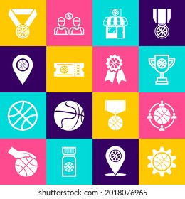 Set Planning strategy concept, Award cup with basketball ball, Sports shop and, Basketball game ticket, Location, medal and award icon. Vector