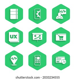 Establecer el concepto de estrategia de Planning, aplicaciones móviles, estadísticas de sitios web, pantalla de compras en línea, desarrollo de front-end, diseño de interfaz de usuario o UX, e icono de álbum de Sketchbook. Vector