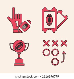 Set Planning strategy concept, Number 1 one fan hand glove with finger raised and american football ball, American Football ticket and Award cup and American football ball icon. Vector