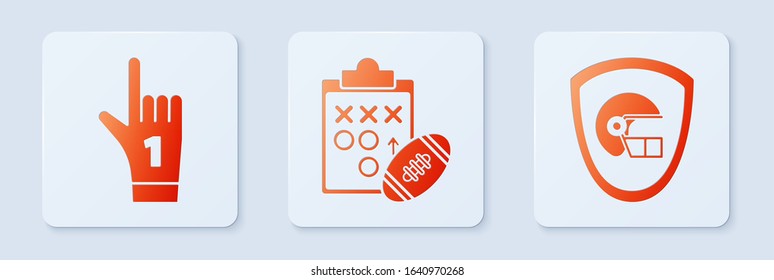 Set Planning strategy concept, Number 1 one fan hand glove with finger raised and American football helmet and shield. White square button. Vector