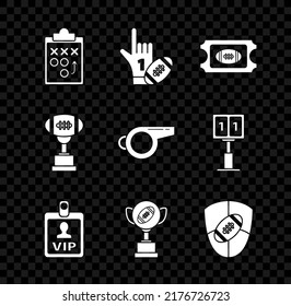 Set Planning strategy concept, Number 1 one fan hand glove with finger raised and american football ball, American Football ticket, VIP badge, Award cup, shield,  and Whistle icon. Vector