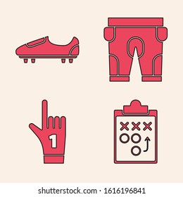 Set Planning strategy concept, Soccer or football shoes with spikes, American football shorts and Number 1 one fan hand glove with finger raised icon. Vector