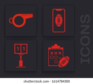 Set Planning strategy concept, Whistle, Smartphone with american football ball on the screen and Sport football mechanical scoreboard and result display icon. Vector