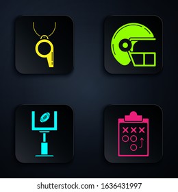 Set Planning strategy concept, Whistle, American football goal post and football ball and American football helmet. Black square button. Vector