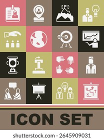 Set Planning strategy concept, Worker, Training, presentation, Mountains with flag, Earth globe, Boss employee, Identification badge and Target arrow icon. Vector