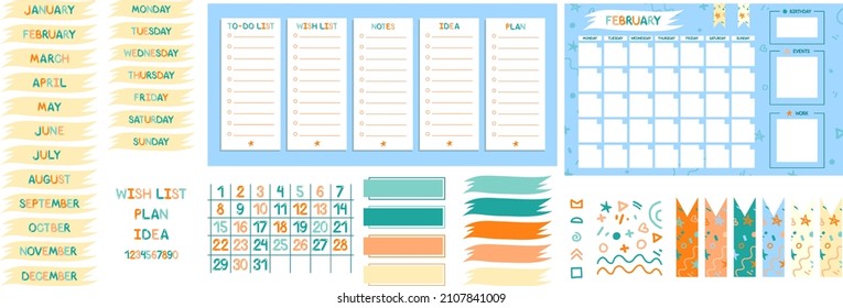 set of planning tools. bright design template for plan lists notes. cool captions - headings for months and days of the week. Creative stickers for not boring notes. vector illustration