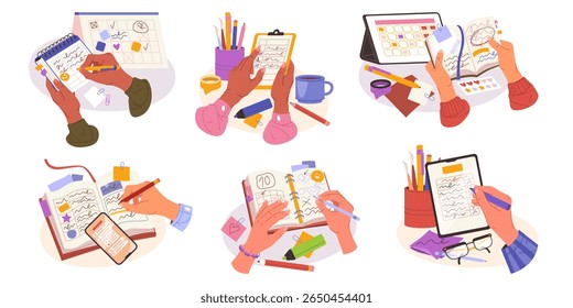 Set of planning and work organizing clipart. Vector office management and school timetable. Todo list and reminder note, diary and planner page, memo and personal journal with tablet and smartphone.