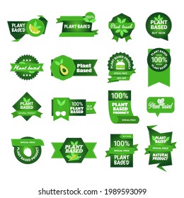 set plant based natural product stickers organic healthy vegan market logos fresh food emblems badges collection design flat