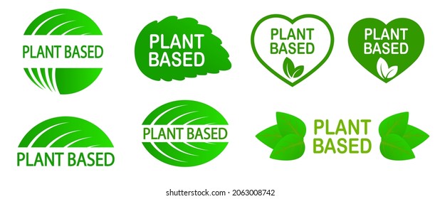 Set Of Plant Based Vegan Food Product Labels. Green Heart-shaped Stamp. Logo Or Icon. Diet. Sticker. Vegeterian. Organic