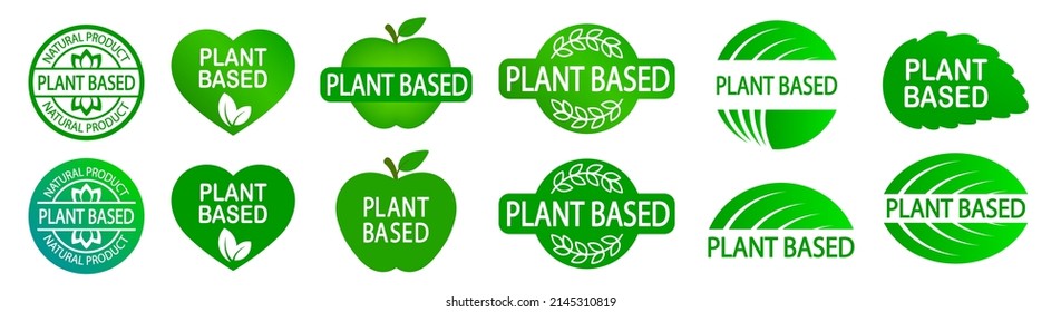 Set of plant based vegan food product labels. Green heart-shaped stamp. Logo or icon. Diet. Sticker. Vegetarian. Organic