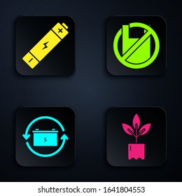 Set Plant in bottle, Battery, Battery with recycle symbol and Say no to plastic bags poster. Black square button. Vector