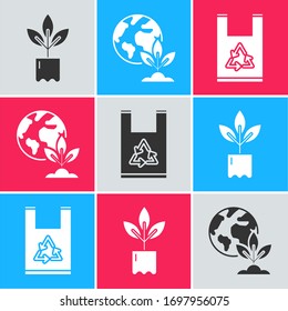 Set Plant in bottle, Earth globe and plant and Plastic bag with recycle icon. Vector