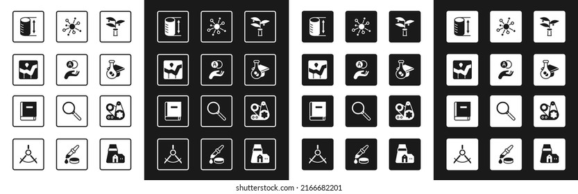 Set Plant breeding, Atom, Graph chart infographic, Height geometrical figure, Graduation cap, Molecule, Timing belt kit and Science book icon. Vector