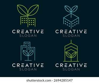 Set of plant building logo design templates. Modern isolated plant building design for green buildings, landscapes, and renewable energy.
