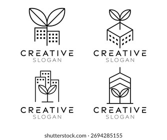 Conjunto de Plantillas de diseño de logotipo de construcción de plantas. Diseño moderno de edificios de plantas aisladas para edificios verdes, paisajes y energía renovable.