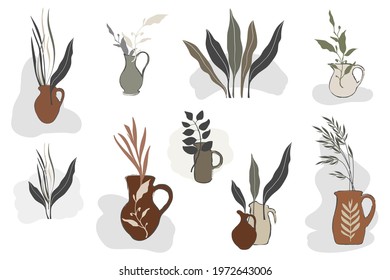 A set of plant elements and ceramic dishes. Decorative collection of natural design. Vector illustration.