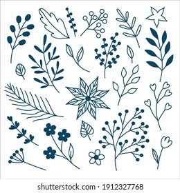 A set of plant elements in the doodle style. Flowers, flowers, stylized elements for the design of wedding invitations, wallpaper and fabric design, postcards and other printed products.