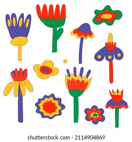 A set of plant elements and fancy colors in the hippie style of the 60-70s for design, website, prints, posters, banners.