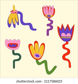 Un conjunto de elementos vegetales y colores sofisticados en el estilo hippie de los años 60-70 para diseño, sitio web, impresiones, afiches, pancartas.