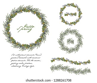 Set with plant elements. Floral border. Round garland decorated with season festive elements. For spring and summer greeting cards, posters, invitations, advertisements and other design.