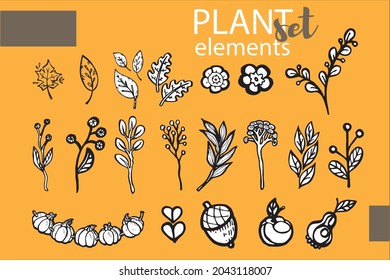Set of plant elements for Halloween vector black and white illustrations on a yellow background branches, leaves, flowers, pumpkins, acorn, apple, pear