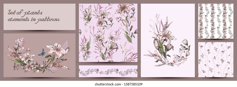 Set of plant elements, including seamless patterns, with large and small flowers of lilies and herbs, isolated compositions and decorative ornaments. Vector in a single style. For textiles, dishes