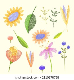 A set of plant elements - leaves, flowers in the style of embroidery icons for design. Vector illustration