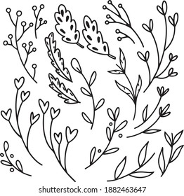 set of plant elements in the style of Doodle