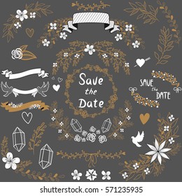 Set of plant elements. Set of wedding templates. Vector templates for design wedding invitations. Black and gold
