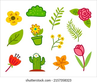 Set of plant and flower illustrations in colorful doodle style isolated on white background