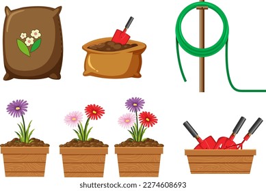 Set of plant and gardening tools and equipment illustration