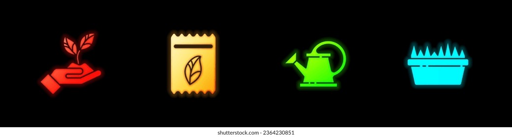 Set Plant in hand of environmental, Pack full seeds plant, Watering can and Fresh grass rectangular icon. Vector