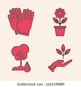 Set Plant in hand of environmental protection, Garden gloves, Flower in pot and Watering Tree icon. Vector