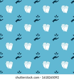 Set Plant in hand of environmental protection and Garden gloves on seamless pattern. Vector