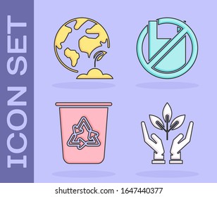 Set Plant in hand of environmental protection, Earth globe and plant, Recycle bin with recycle symbol and Say no to plastic bags poster icon. Vector