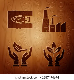 Set Plant in hand of environmental protection, Stop ocean plastic pollution, Sprout in hand of environmental protection and Factory on wooden background. Vector