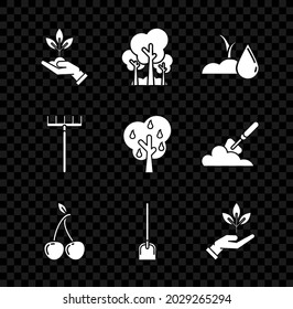 Set Plant in hand of environmental protection, Trees, Watering sprout, Cherry, Shovel, Garden rake and with pears icon. Vector