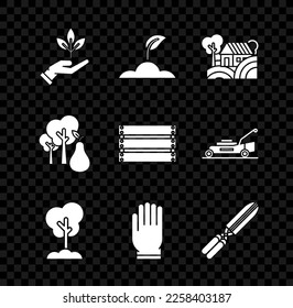 Set Plant in hand of environmental protection, Sprout, Farm House concept, Tree the ground, Garden gloves, Gardening handmade scissors for trimming, with pears and Wooden box icon. Vector