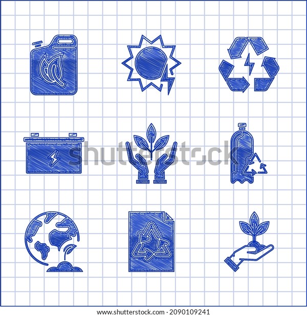 Set Plant in\
hand of environmental protection, Paper with recycle, Recycling\
plastic bottle, Earth globe plant, Car battery, Battery symbol and\
Bio fuel canister icon.\
Vector