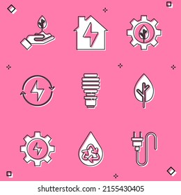 Set Plant in hand, House lightning, Leaf plant gear machine, Lightning bolt, LED bulb, Tree, Gear and Recycle clean aqua icon. Vector