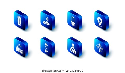 Set Plant in hand, LED light bulb, Lightning bolt, Wind turbine, Garbage bag with recycle, Battery, Factory and  icon. Vector
